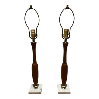 1960s Mid-Century Walnut and Marble Table Lamps - a Pair For Sale