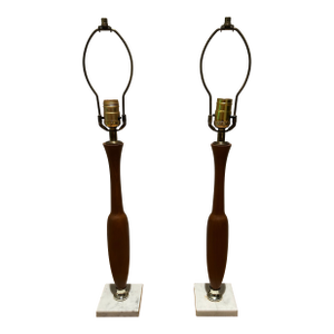 1960s Mid-Century Walnut and Marble Table Lamps - a Pair