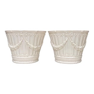 Pair of Vintage Tiffany & Co. White Garland Motif Italian Cachepots Planters For Sale