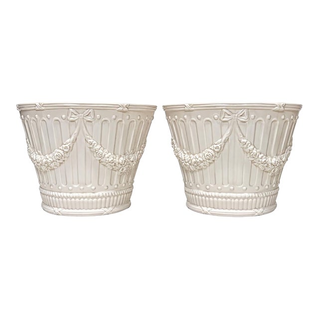 Pair of Vintage Tiffany & Co. White Garland Motif Italian Cachepots Planters For Sale