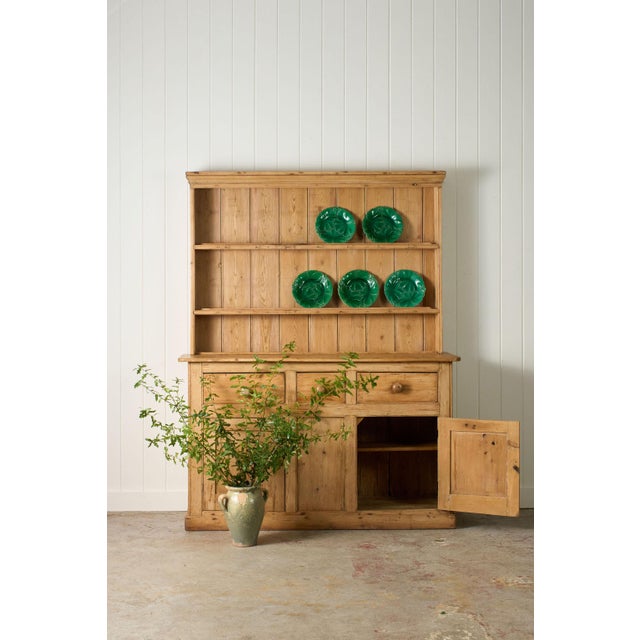 19th Century English Victorian Pine Dresser Base With Topper. This lovely piece features 3 functional drawers, along with...