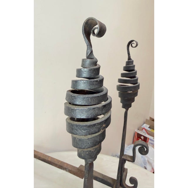 Rare Antique 19th Century Hand Wrought Iron Fireplace Firedogs Black Andirons For Sale - Image 12 of 13