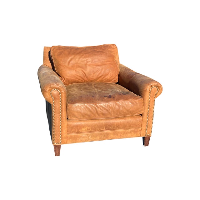 2010s Restoration Hardware Leather Chair Modern Seating With Brass Nail Heads For Sale - Image 5 of 7