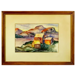 Vibrant Water Color of a Mountain Homestead Signed Brockway.