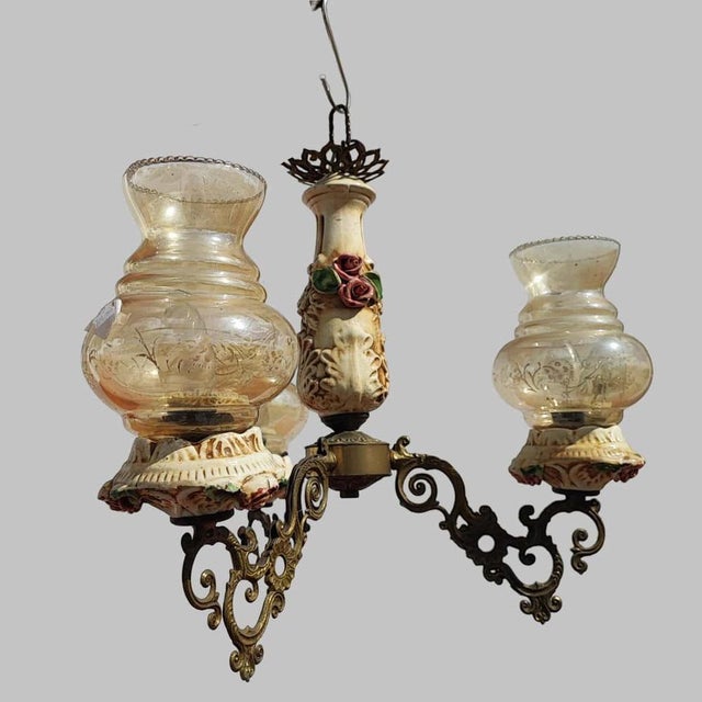 Vintage Glass and Metal Chandelier with Ceramic For Sale - Image 12 of 12