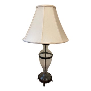 1990s Ethan Allen Crystal Cut Clear Urn With Flecks Table Lamp on Wrought Iron Pedestal For Sale