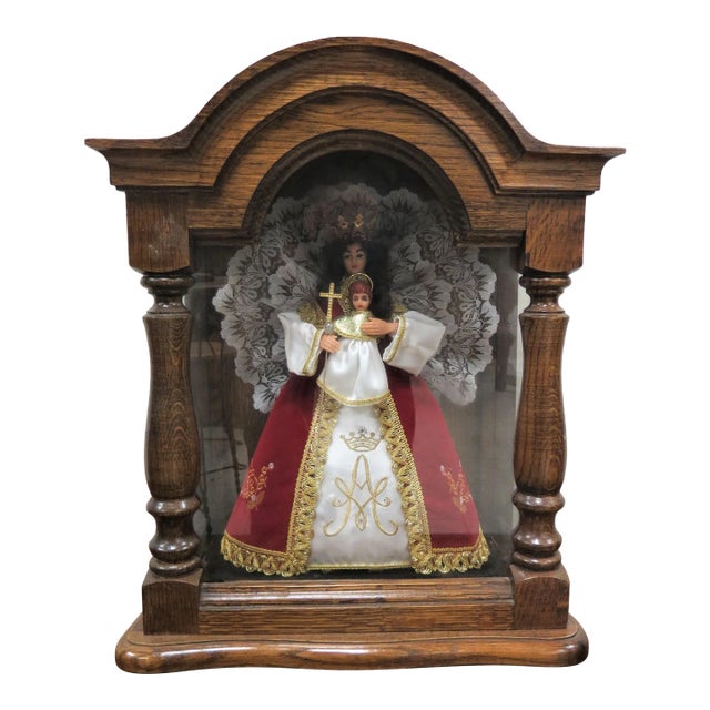 Turn of the Century French Wax Madonna and Child in Oak and Glass Case For Sale