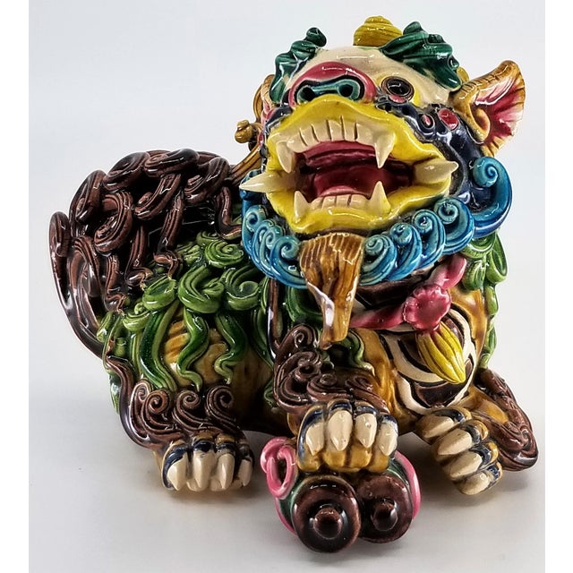 Vintage Foo Dog Porcelain Statue Figurine Signed Koji Pottery