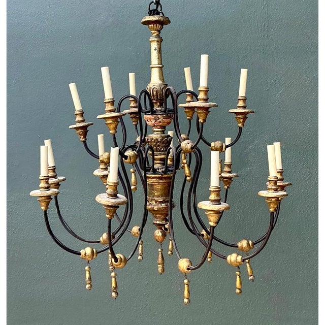 Wood Vintage Gilt Wood and Metal Twelve-Light Chandelier For Sale - Image 7 of 12