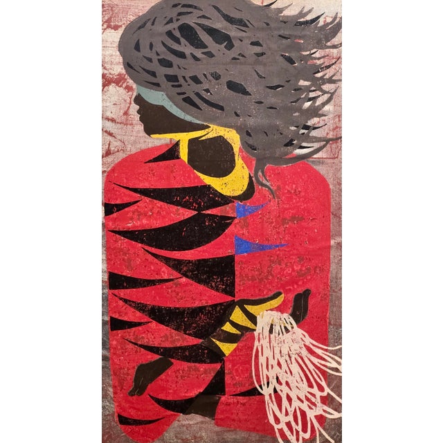 1950s Tadashi Nakayama "Akai Fuku" (Red Coat) Vintage 1957 Japanese Woodblock Print For Sale - Image 5 of 10