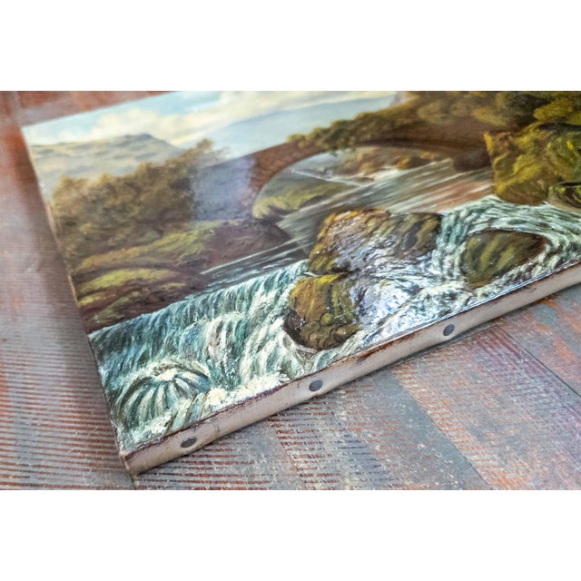 Textile 19th Century English Folk Art Landscape Painting of a Bridge Over a Stream For Sale - Image 7 of 11