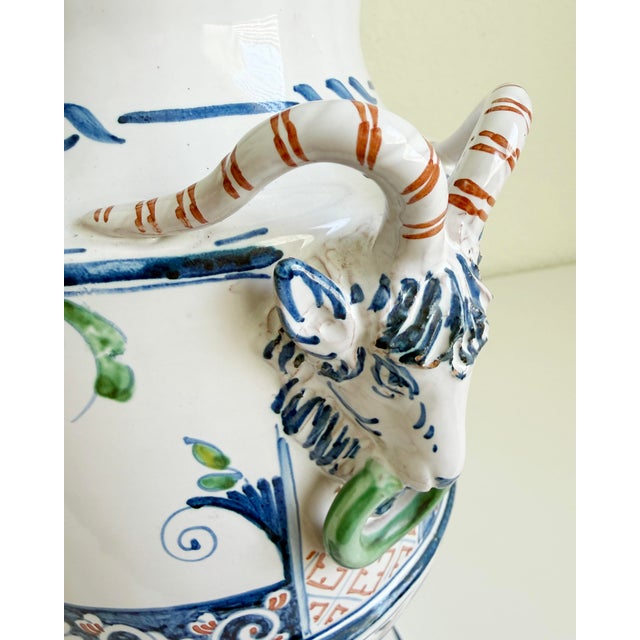 Pair of Mid-Century French Hand Painted Faience Urns With Ram Head Handles For Sale - Image 18 of 18