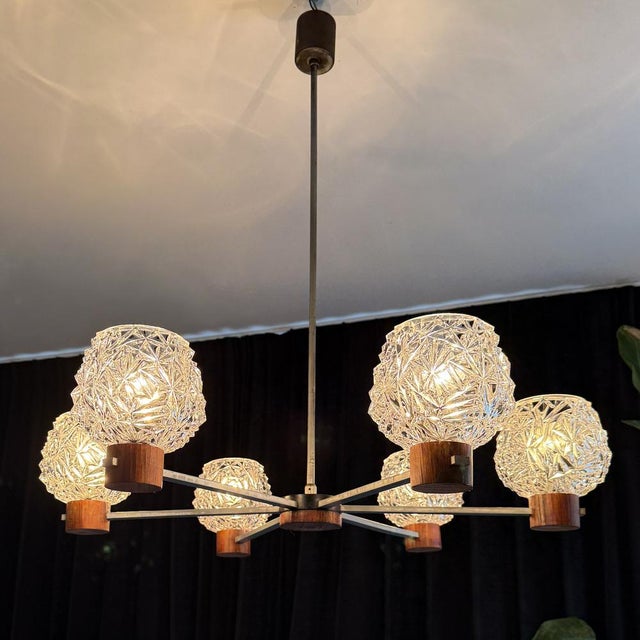 Metal Mid-Century Modern 6-Arm Chandelier with Pressed Glass Shades, Late 20th Century For Sale - Image 7 of 17