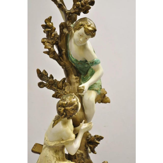 Vintage French Renaissance Moreau Metal Boy and Girl Large Figural Table Lamp For Sale - Image 4 of 12