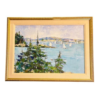 Impressionist Coastal Harbor Oil Painting With Sailboats, Framed 24" Signed Eileen Kelly For Sale