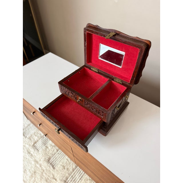 Vintage Hand Carved Imported Mahogany With Brass Inlay Jewelry Box For Sale In Houston - Image 6 of 10