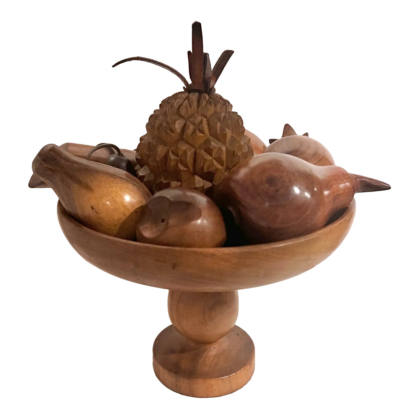 20th Century Vintage Hand Lathe Carved Wood Fruits in Bowl - 13 Pieces ...