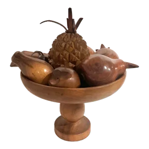20th Century Vintage Hand Lathe Carved Wood Fruits in Bowl - 13 Pieces