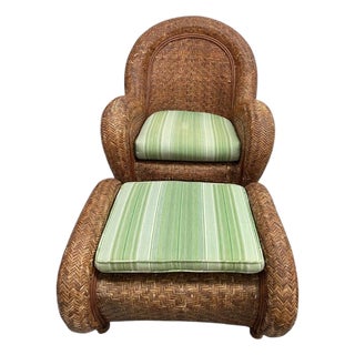 Late 20th Century Pottery Barn Tropical-Style Woven Rattan Chair and Ottoman For Sale