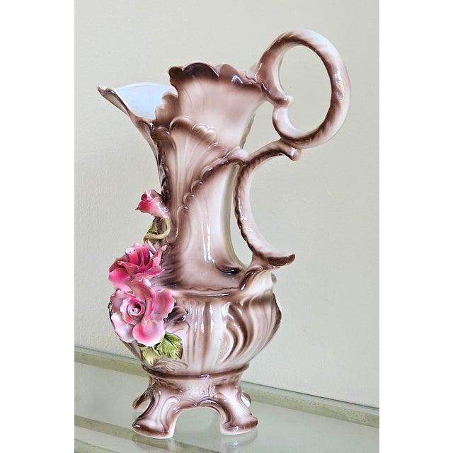 Italian Vintage Italian Capodimonte Porcelain Floral Pitcher Ewer / Vase For Sale - Image 3 of 18