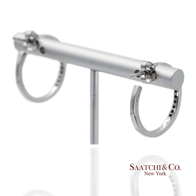 18k(750) Solid White Gold Natural Diamond Hoop Earrings, A Pair For Sale - Image 10 of 13