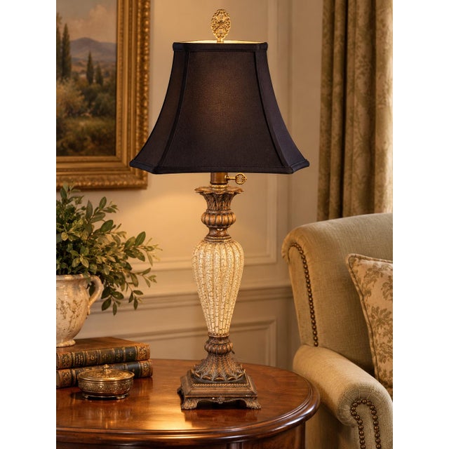 Rustic European Late 20th Century Cream Neoclassical Urn Table Lamps With Black Square Bell Shades - Pair For Sale - Image 3 of 10