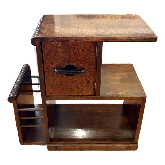 Art Deco Wood Side Table With Cabinet Door and Magazine Rack For Sale