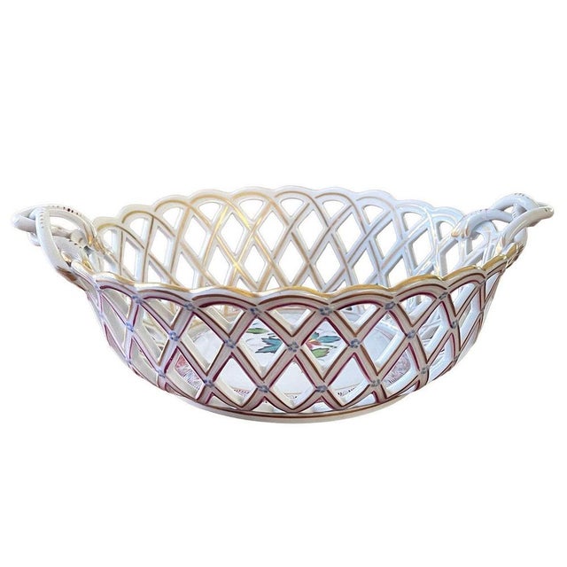 Chinese Porcelain Openwork Basket with Bouquet and Handles from Herend, 1960s For Sale - Image 3 of 8