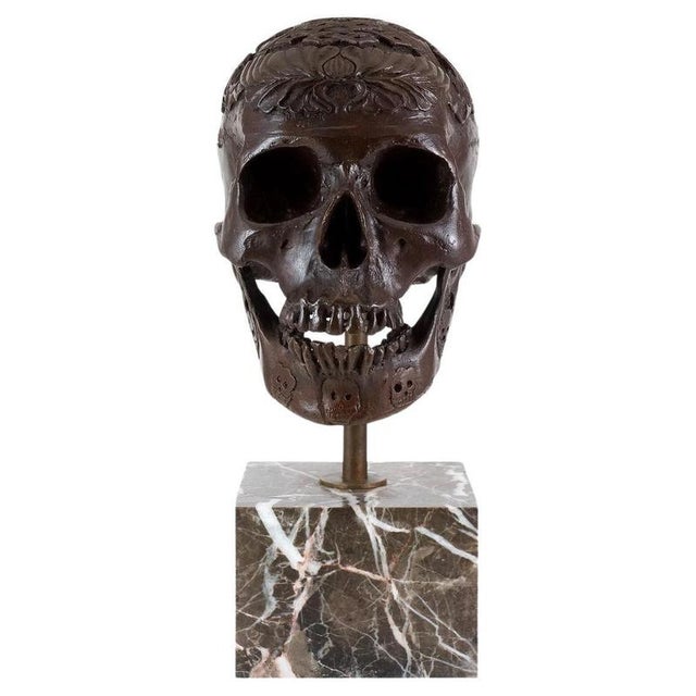Modern Modern Dark Brown Patinated Skull Sculpture, Bronze on Marble Base For Sale - Image 3 of 3
