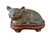 Old Bronze Chinoiserie Cat Figure Han Style Recumbent Kitten Sculpture on carved brown wood stand . This charming Han-...