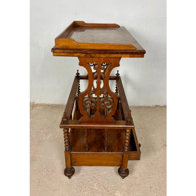 1930s Victorian Walnut Canterbury Magazine Rack with Tray Top For Sale - Image 10 of 10