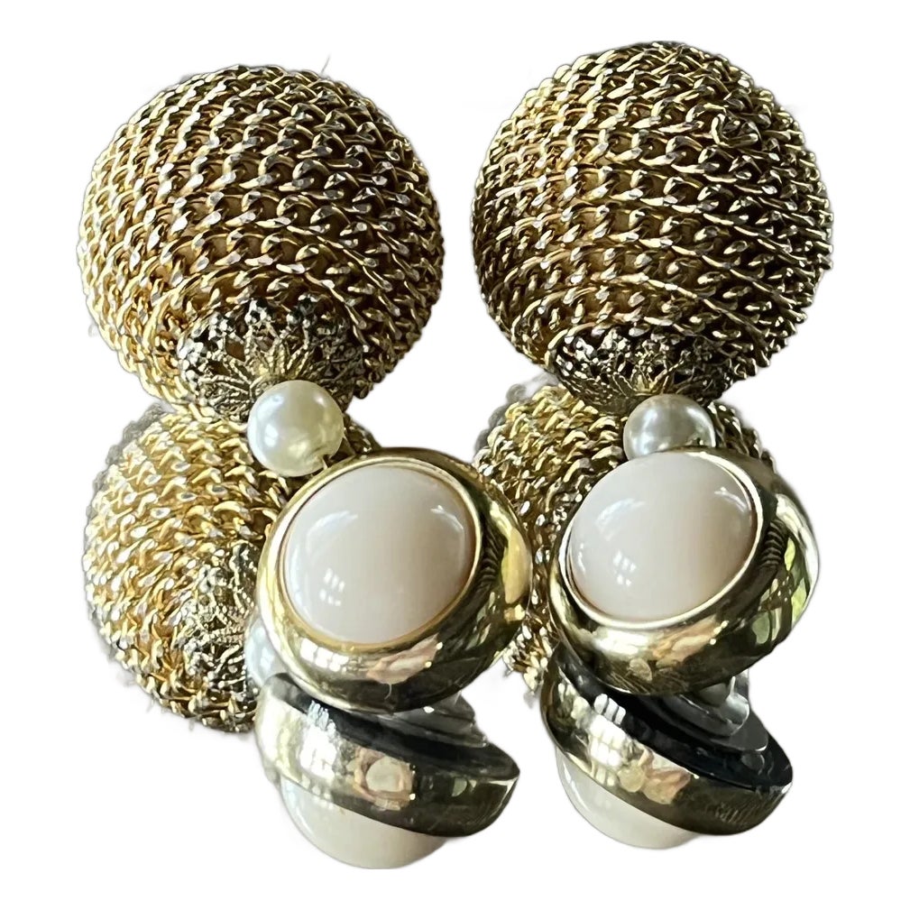 1950s Vintage Faux Pearl Drop Earrings With Gold Dome, Old