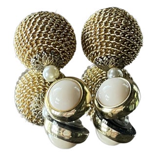 1950s Vintage Faux Pearl Drop Earrings With Gold Dome, Old Hollywood Style- Set of 2 For Sale