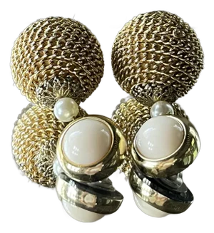 1950s Vintage Faux Pearl Drop Earrings With Gold Dome, Old Hollywood Style- Set of 2