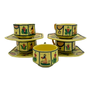 Late 20th Century Vintage Quimper Soleil Breton Woman Cups & Saucers - Set of 4 & Bonus Cup