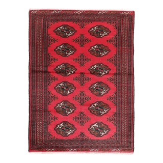 Late 20th Century Handwoven Turkmen Rug With Geometric Borders and Red Field -3' 2'' X 4' 7'' For Sale