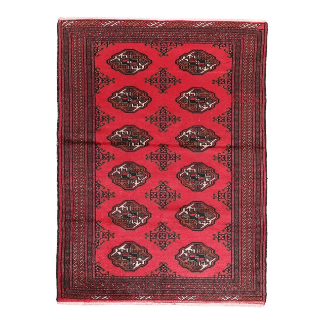 Late 20th Century Handwoven Turkmen Rug With Geometric Borders and Red Field -3' 2'' X 4' 7'' For Sale