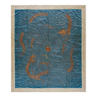 Majestic Teal Blue Color Background With Dragons Patters Desing Antique Chinese Textile Rug For Sale