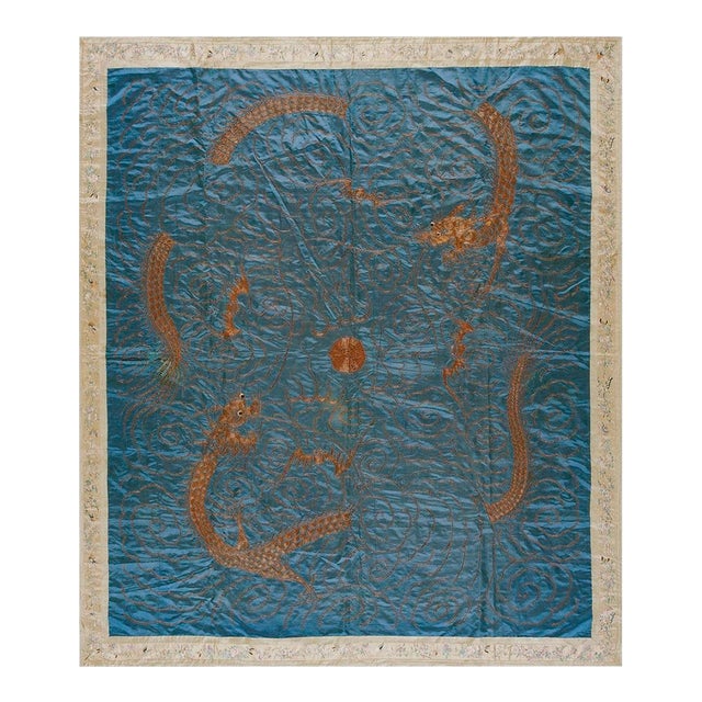 Majestic Teal Blue Color Background With Dragons Patters Desing Antique Chinese Textile Rug For Sale