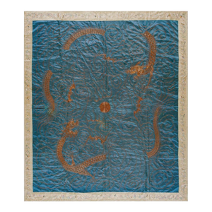 Majestic Teal Blue Color Background With Dragons Patters Desing Antique Chinese Textile Rug