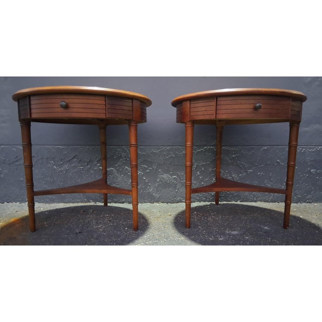 Lane Furniture Vintage Traditional Round Carved Faux Bamboo Side / End Tables by Lane. A - Pair For Sale - Image 4 of 12