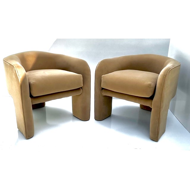 1980s Vintage Low Back Barrel Club Chair in Camel Velvet - Set of 2 For Sale - Image 5 of 10