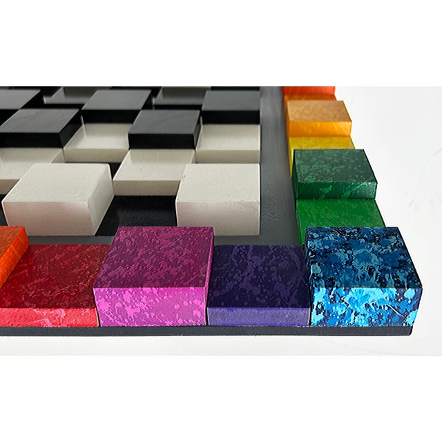 Vintage Bright Colorful Optical Art "Chessboard" Wall Sculpture in Wood Painted For Sale - Image 9 of 12