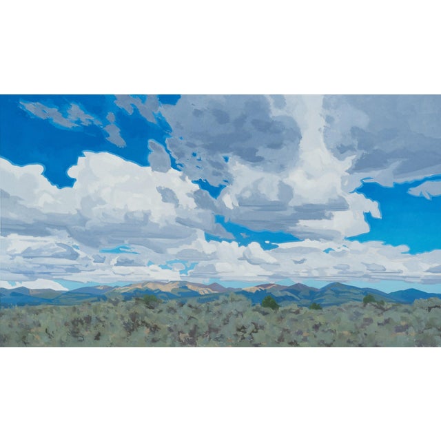 "Where the Light Breaks" is an oil on canvas landscape painting by Michael Magrin, completed in 2026. Cumulus clouds fill...