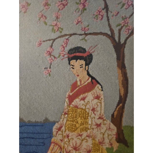 Vintage Framed Japanese Geisha Needlepoint Art Piece