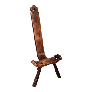 Vintage European Primitive Three-Legged Hardwood Birthing Chair With Trefoil Cutouts For Sale