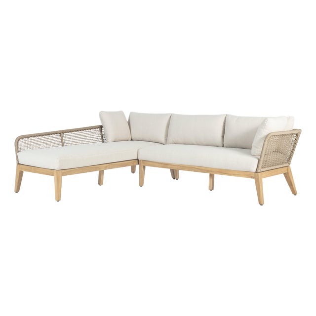 Cypress Teak Wood 2-Piece Left Arm Chaise Outdoor Sectional - Beige For Sale