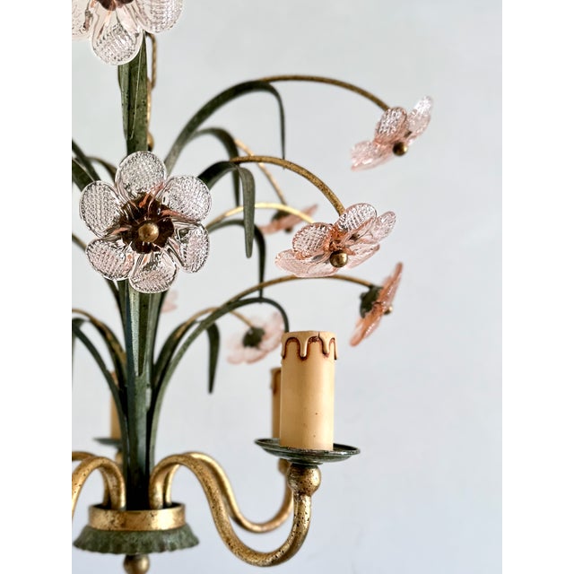 Attributed to Banci Firenze, Italy, circa 1970s. Floral chandelier with hand-blown pink Murano glass flowers, green-...