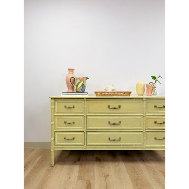 Mid 20th Century Coastal Henry Link Bali Hai Green Faux Bamboo 9 Drawer Dresser Hollywood Regency For Sale - Image 13 of 16