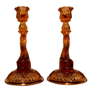 Pink Depression Glass Dolphin Candlesticks – l.e. Smith, 1930s – Pair